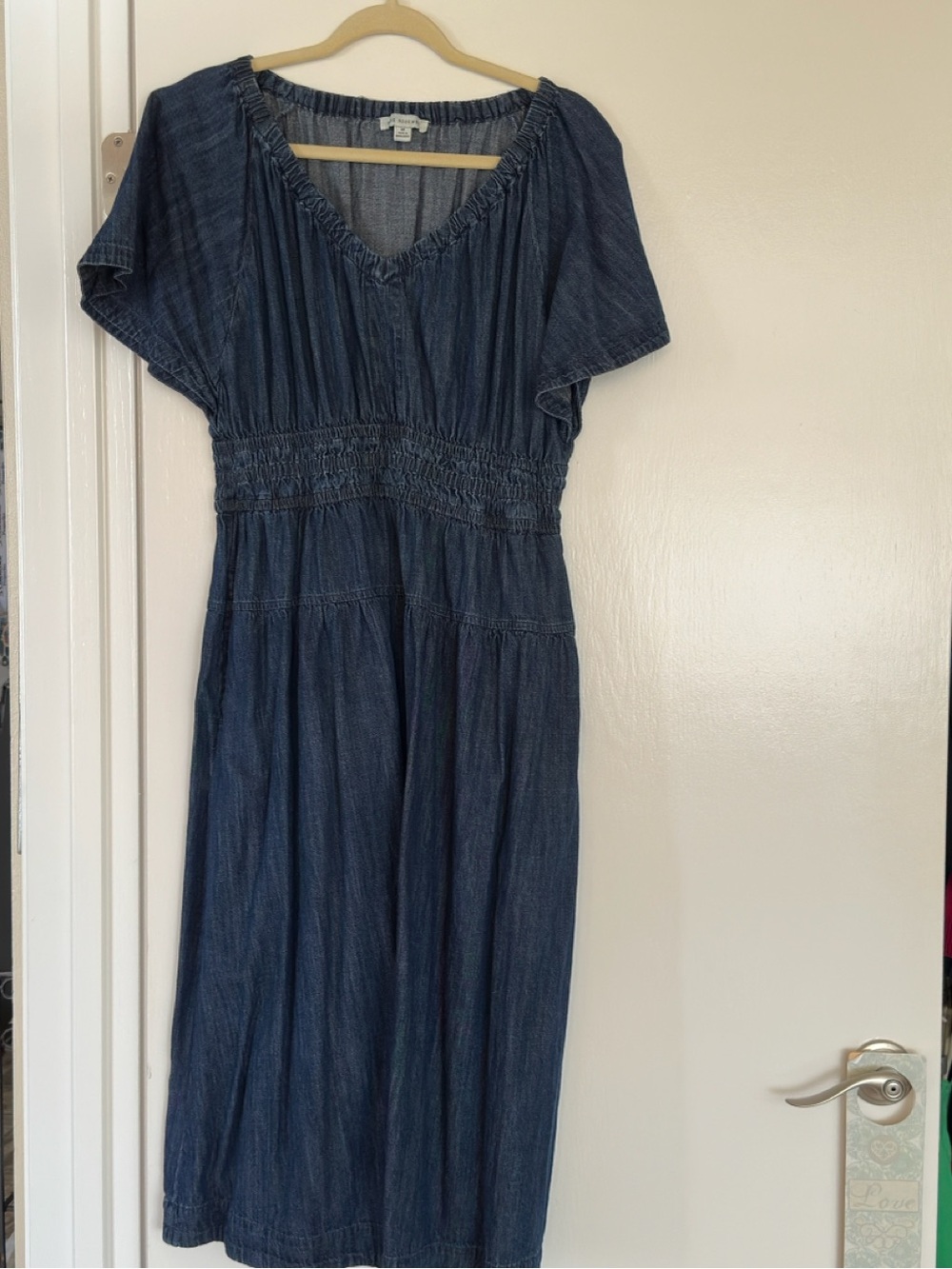 Smocked Waist Dark Blue Denim Midi Dress